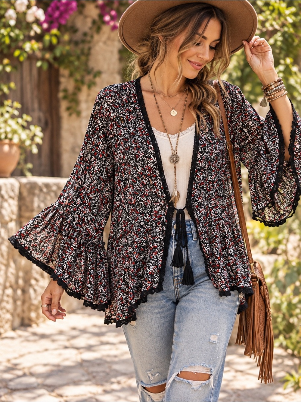 Free People Black Floral Bell-Sleeve Open Cardigan *very oversized* will fit L